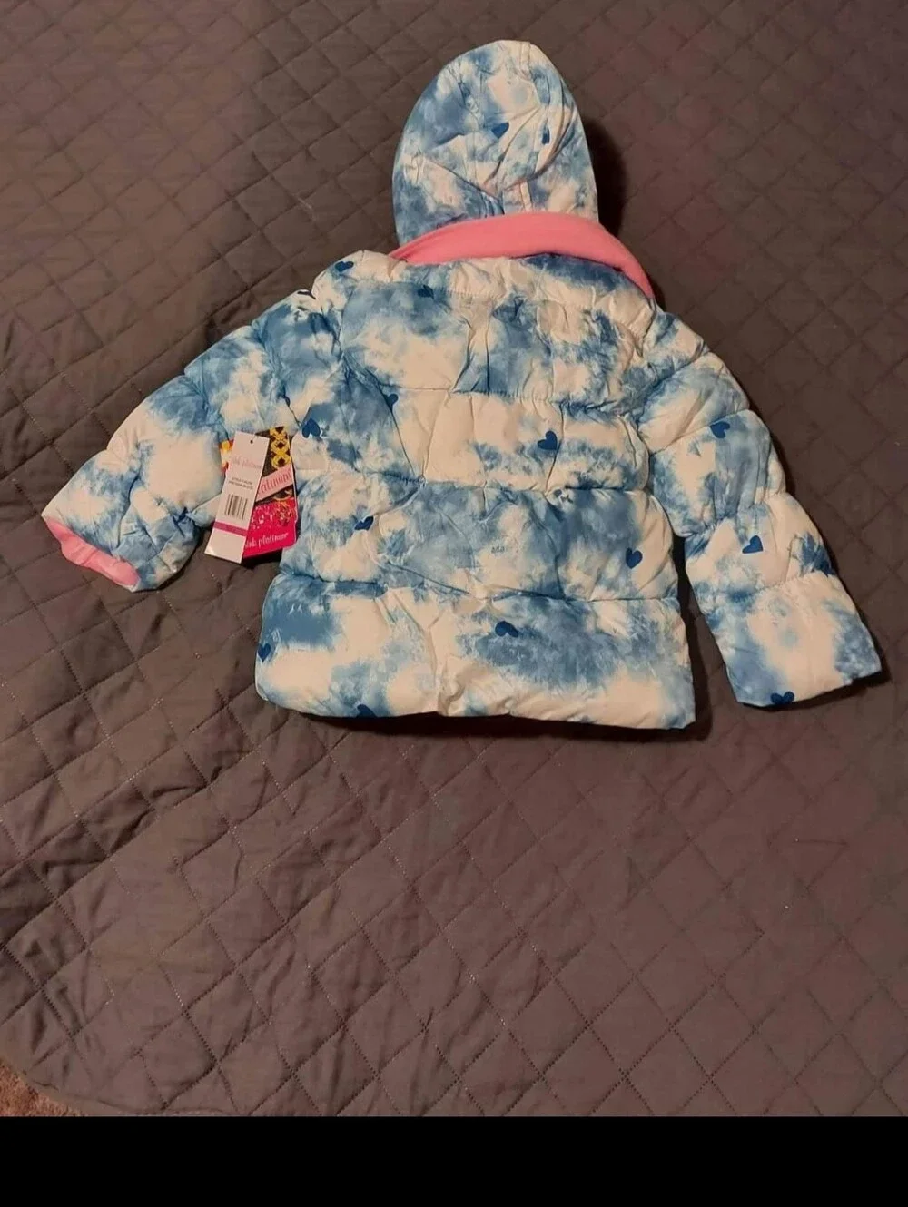 Pink Platinum Blue & White Tie-Dye Heart Puffer Jacket with Pink Scarf